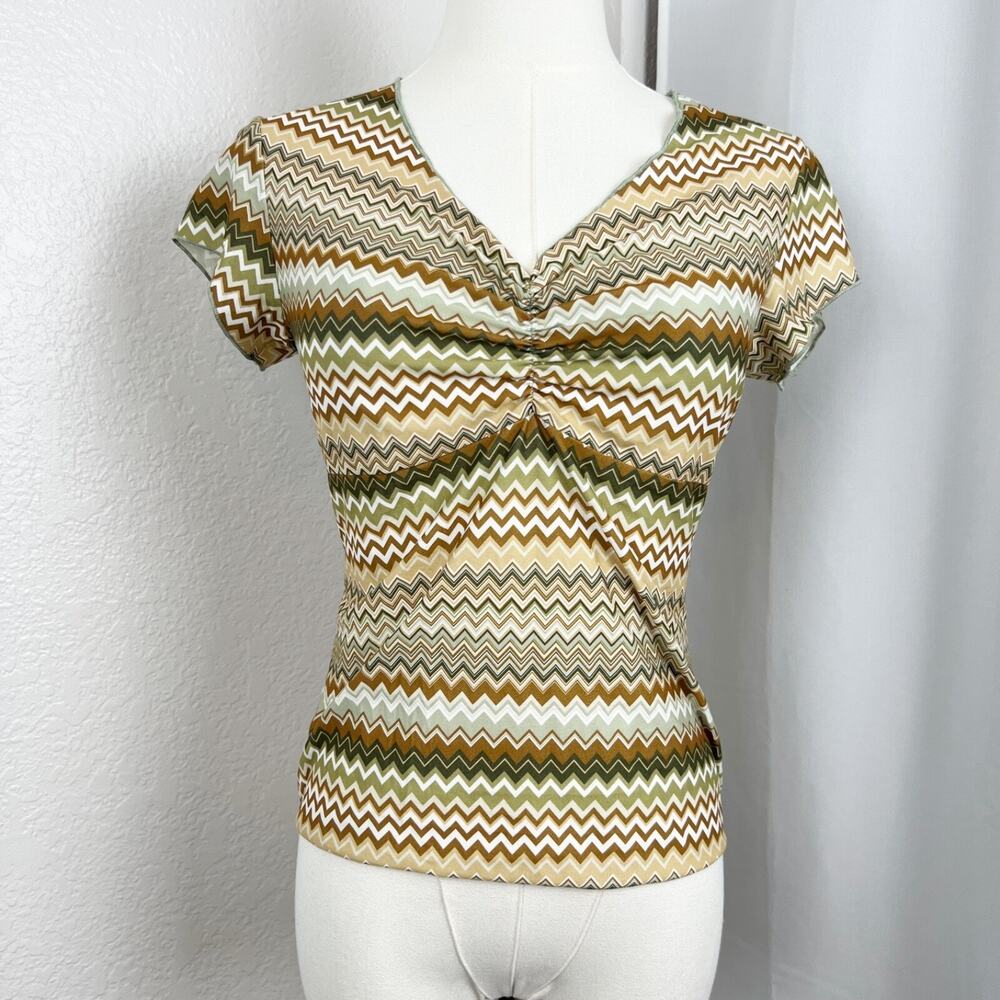 VTG Gas Top Womens XS Tan Chevron Babydoll‎ Y2K Retro Psychedelic Festival Indie